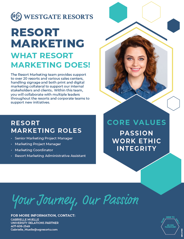 Westgate Resorts Resort Marketing flier featuring a photo of a smiling young woman inside a hexagon, listing resort marketing roles and core values of passion, work ethic, and integrity.