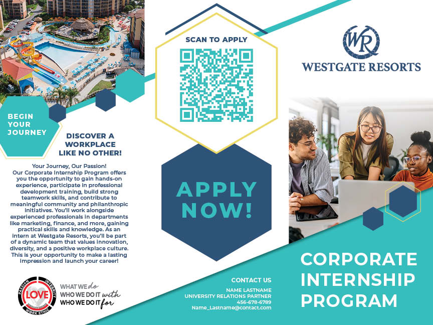 Brochure for Westgate Resorts Corporate Internship Program featuring aerial pool view, diverse interns collaborating at a laptop, QR code to apply, and program details.