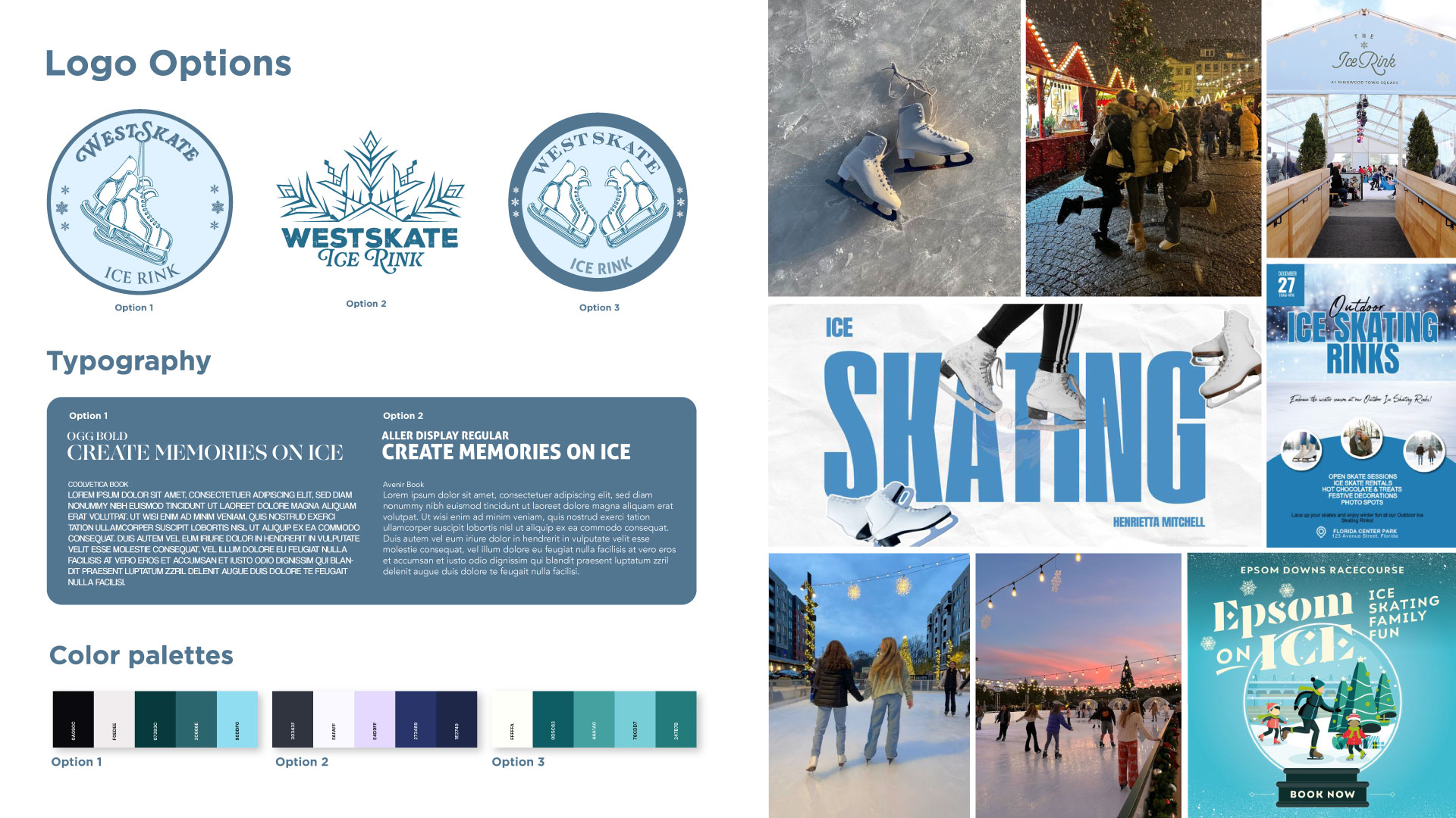 Graphic design presentation showing three WestSkate Ice Rink logo options, typography choices, color palettes, and photos of ice skating scenes and promotional posters.
