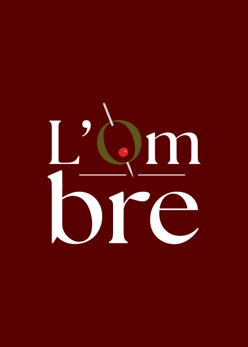 Logo with white text 'L’ombre' on dark red background, with stylized 'o' featuring a clock hand and a red dot in the center.