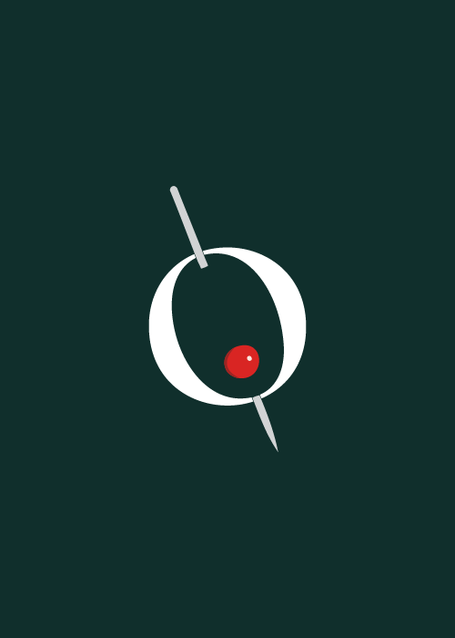 White capital letter O with a red olive pierced by a gray toothpick on a dark green background.