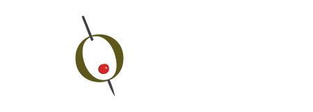 Stylized olive with a black toothpick piercing through it, featuring a red pimento at the center.