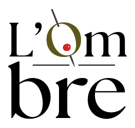 Logo with the text 'L'Ombre' with an olive replacing the letter 'o', featuring a red dot and a diagonal line through it.