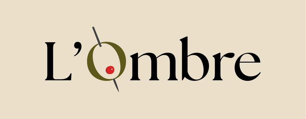 L’Ombre logo with stylized O featuring a diagonal gray line and red dot inside.