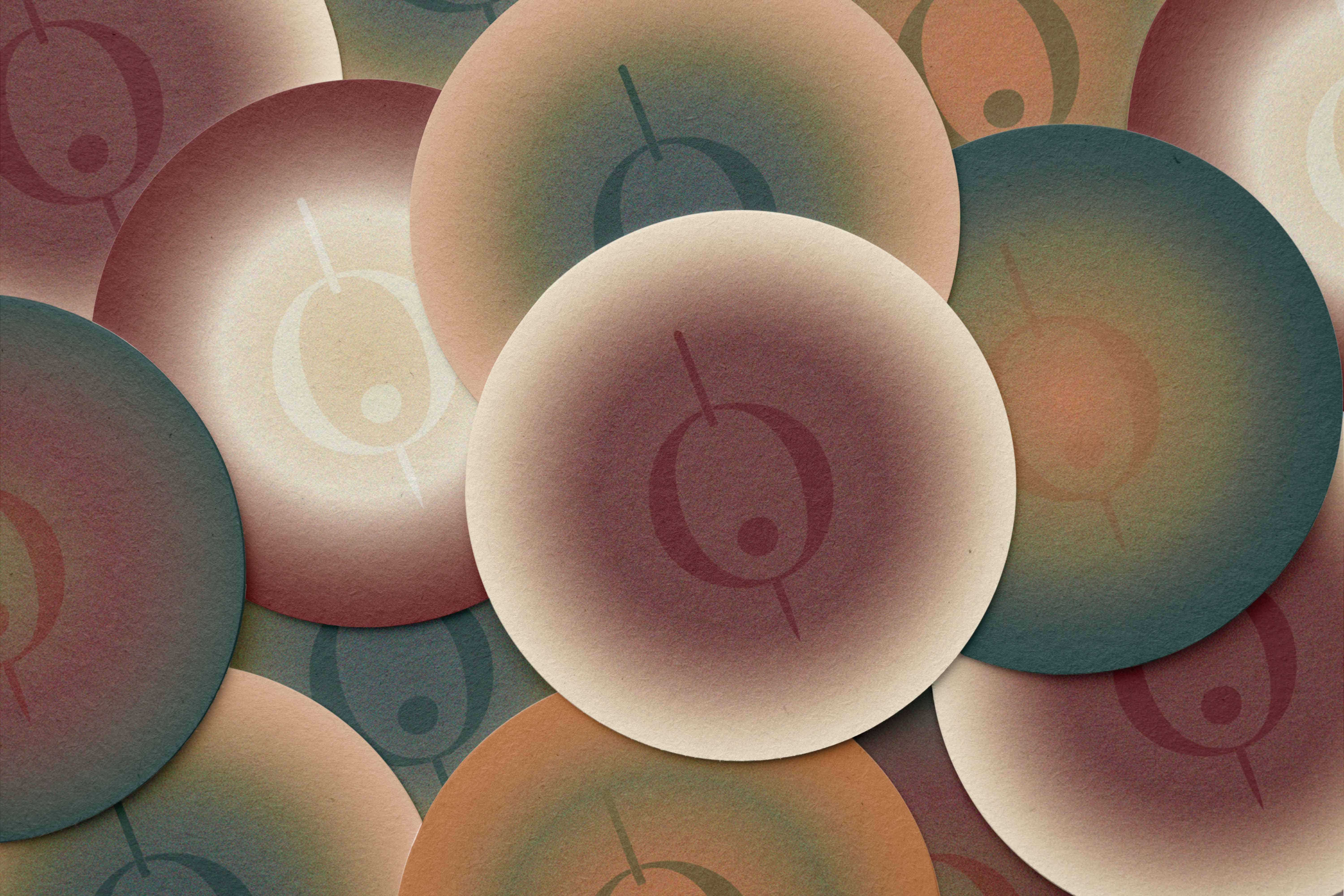 Abstract overlapping circular patterns with gradient shades of muted colors and a central design resembling an olive on a toothpick.