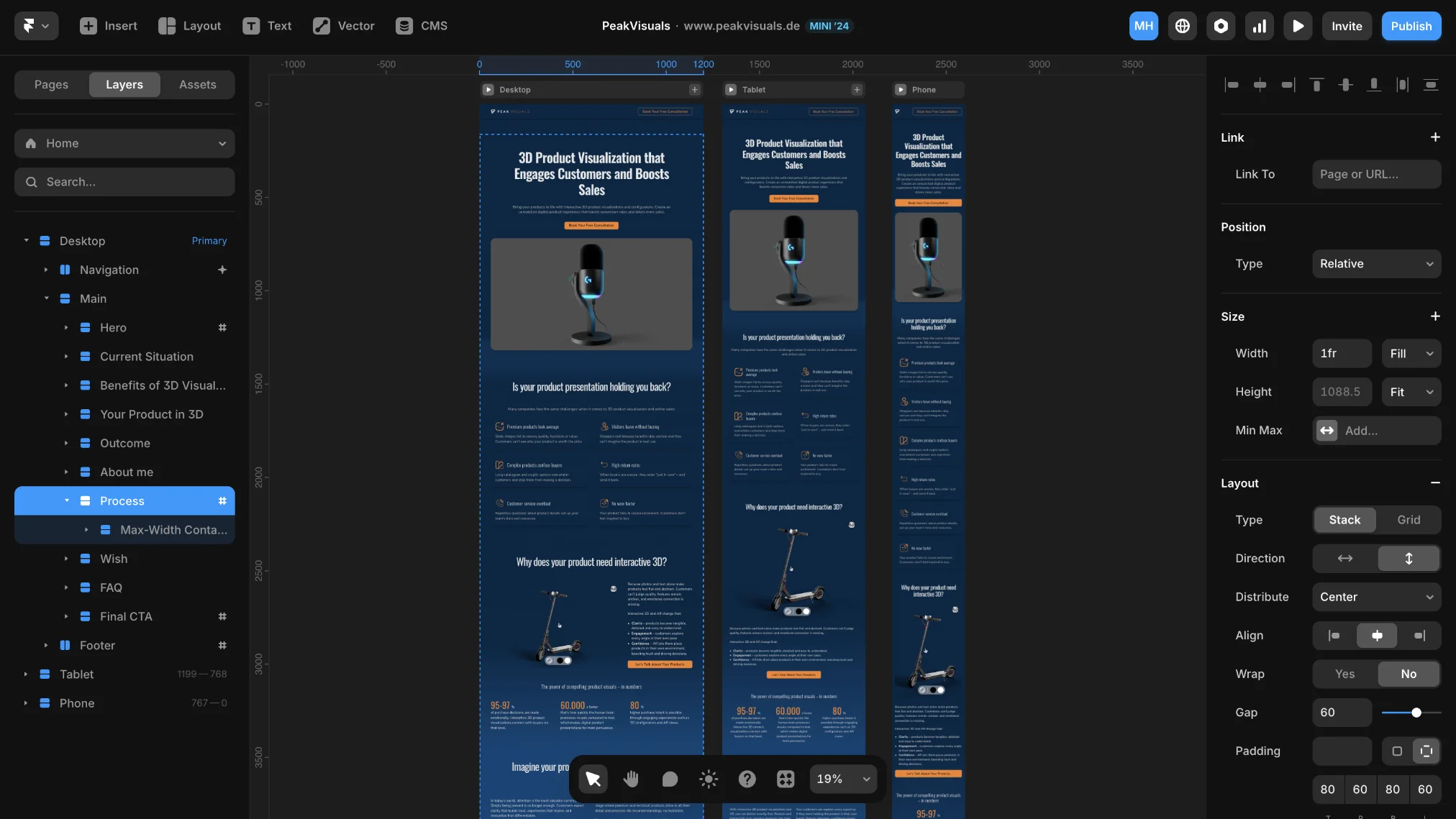 Design of the PeakVisuals landing page on different breakpoints