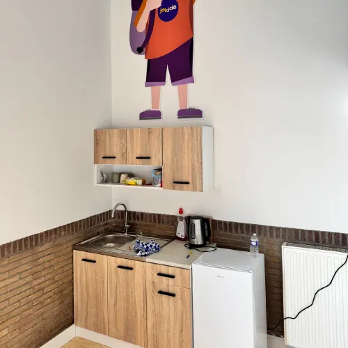 Compacte kitchenette met houten kastjes, een spoelbak, een waterkoker en een kleine koelkast onder een tekenfilmfiguur aan de muur.