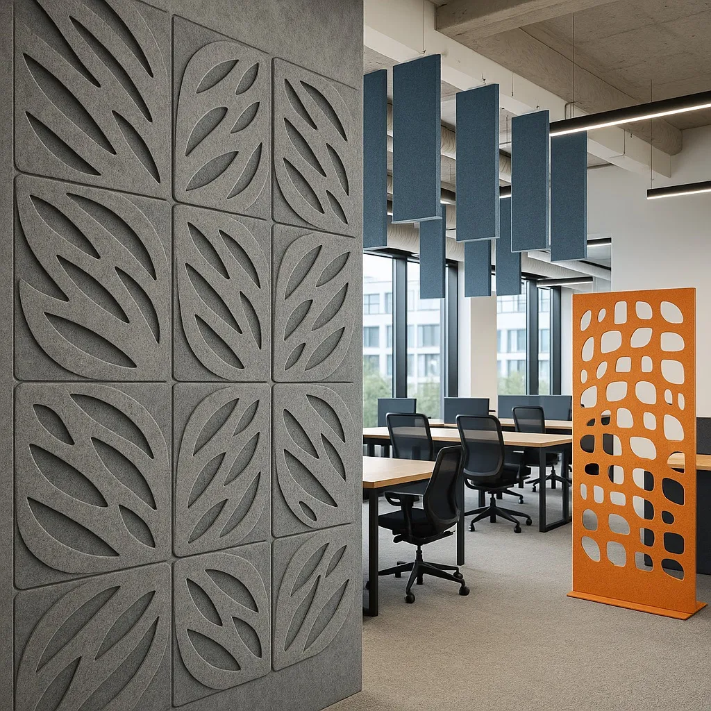 Moderne kantoorruimte met grijze akoestische wandpanelen met bladerenpatroon, hangende blauwe geluidspanelen, zwarte bureaustoelen, houten bureaus en een oranje geperforeerde kamerscherm.