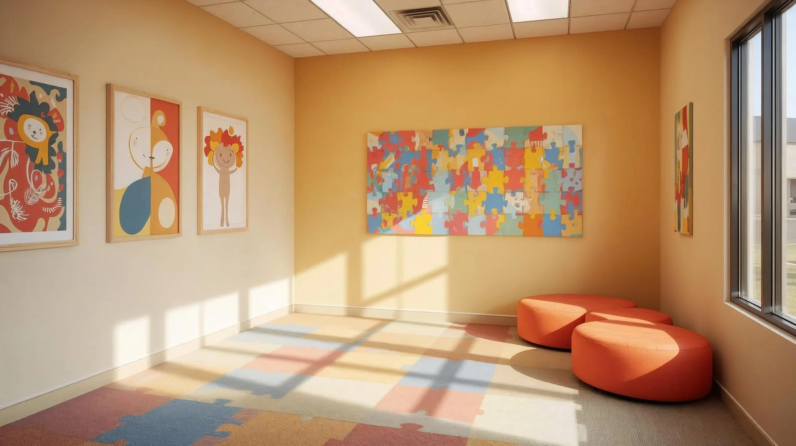 Helder speelkamer voor kinderen met kleurrijk puzzelthema tapijt, oranje ronde kussens en vrolijke ingelijste tekeningen aan de muren.