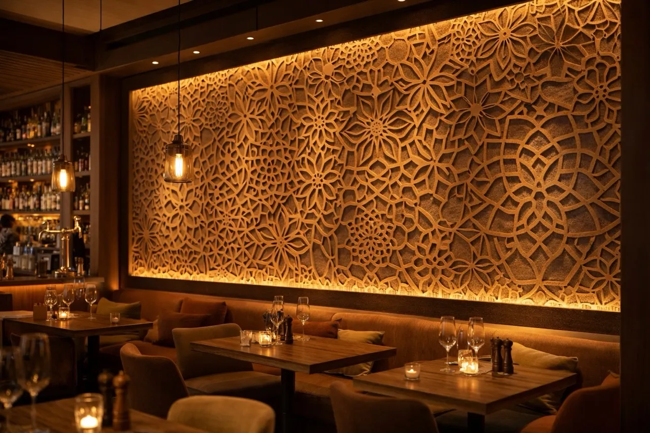 Gezellig restaurantinterieur met houten tafels, zachte zitplaatsen en grote verlichte panelen met weelderige groene tropische planten.