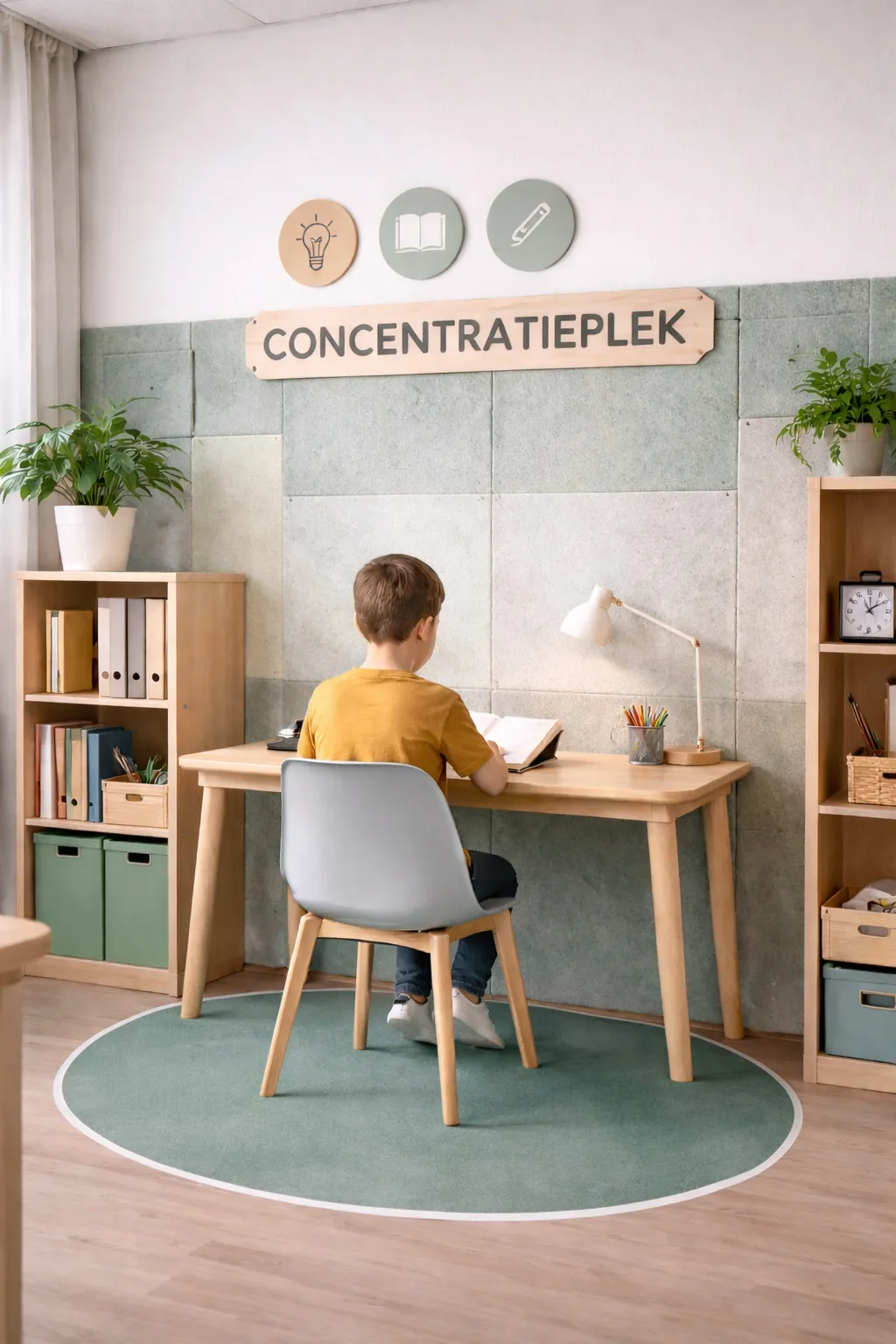 Kind in een geel shirt aan een houten bureau met een boek, omringd door planken met boeken en planten in een studieruimte genaamd Concentratieplek.