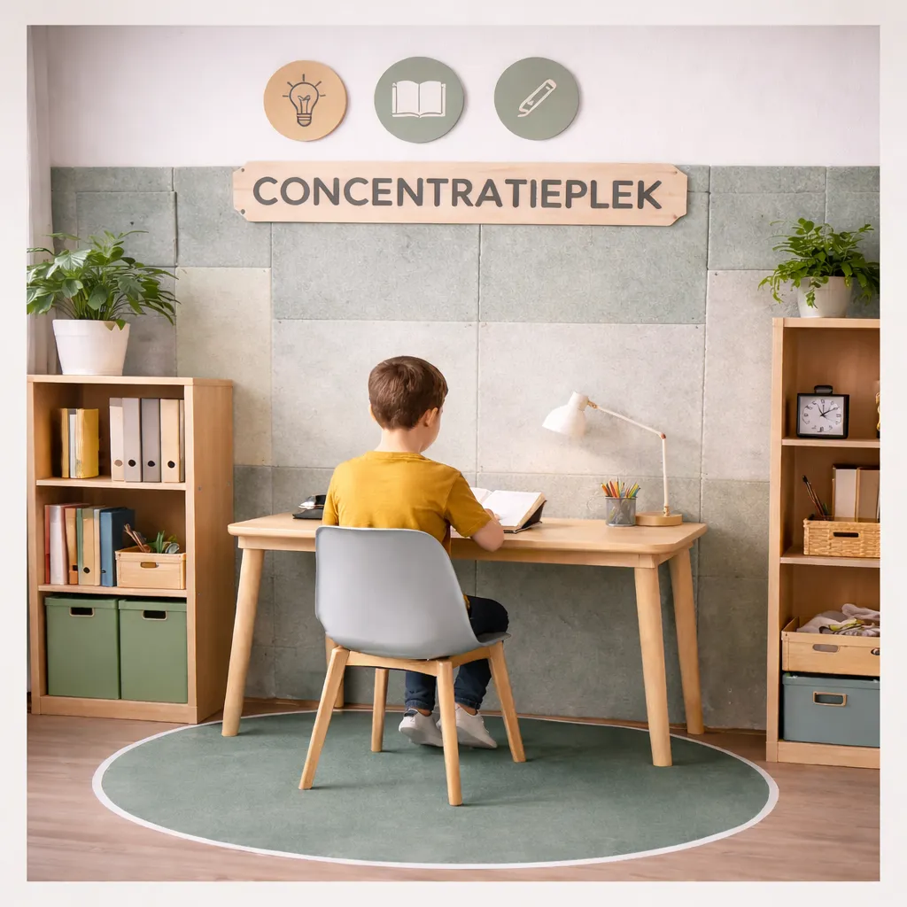 Kind in een geel shirt aan een houten bureau met een boek, omringd door planken met boeken en planten in een studieruimte genaamd Concentratieplek.