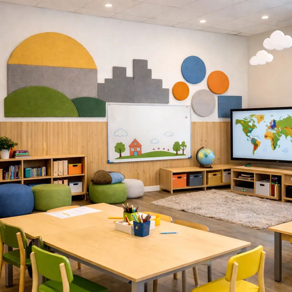 Helder en kleurrijk klaslokaal met houten tafels, groene en gele stoelen, poefs, een wereldkaart op een tv, een globe en wanddecoratie van geometrische vormen.