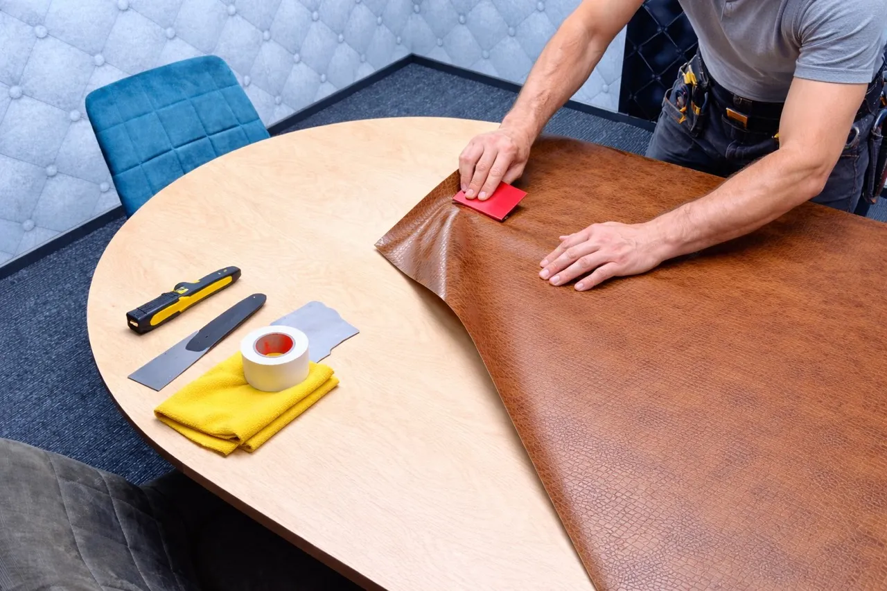 Persoon die bruin leer of vinyl gladstrijkt op een ronde houten tafel met gereedschap en tape ernaast.