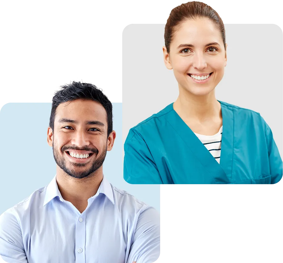 Smiling man in a light blue shirt and smiling woman in teal medical scrubs.