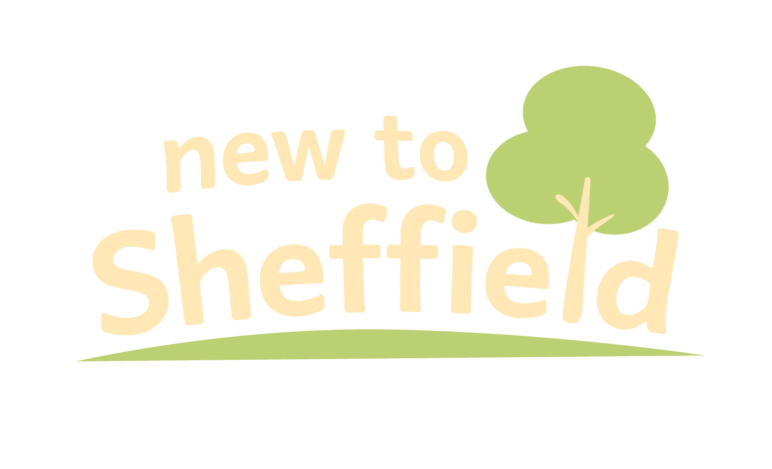 New to Sheffield light text logo with a tree and a hill.
