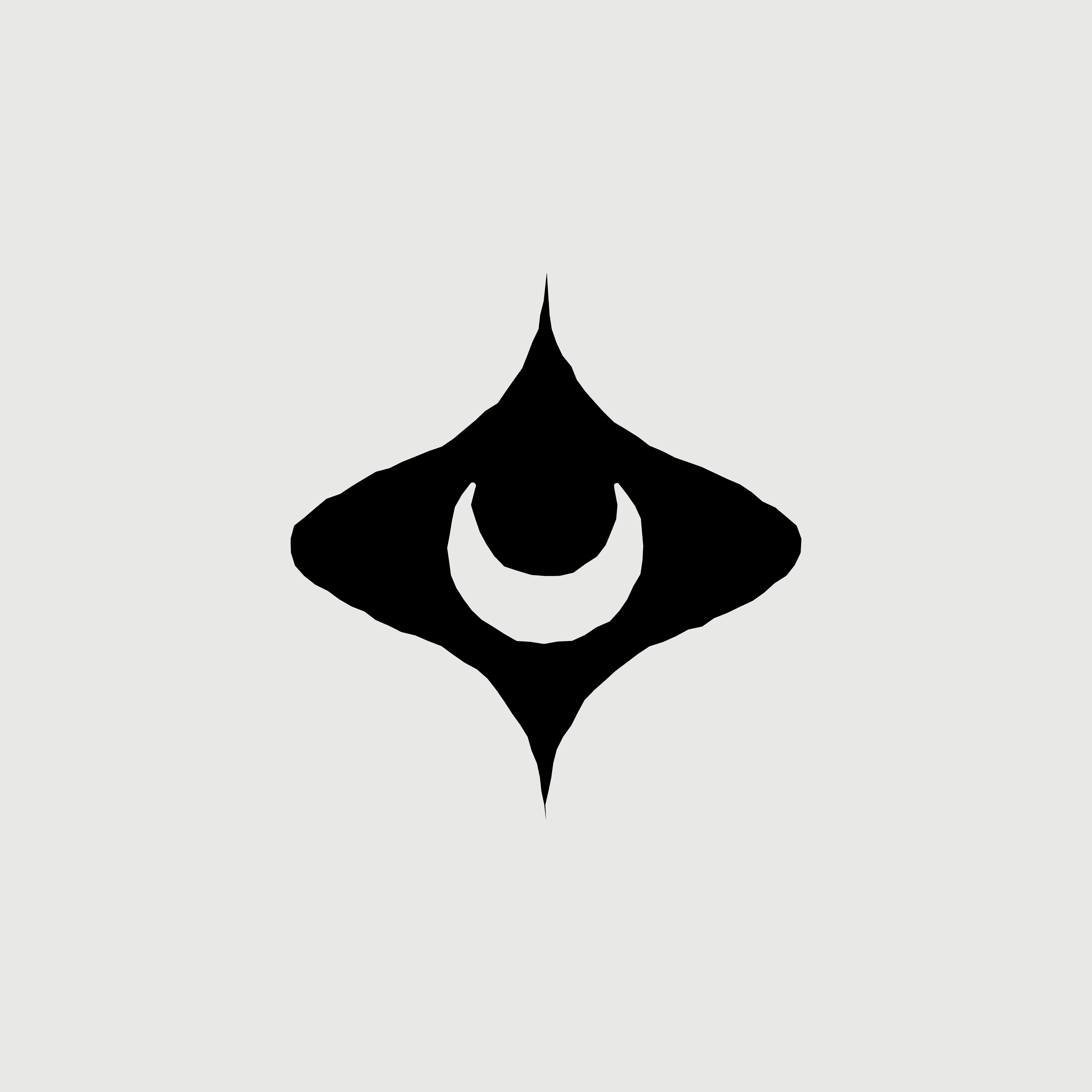 Black geometric shape resembling an eye with a crescent moon inside on a light gray background.