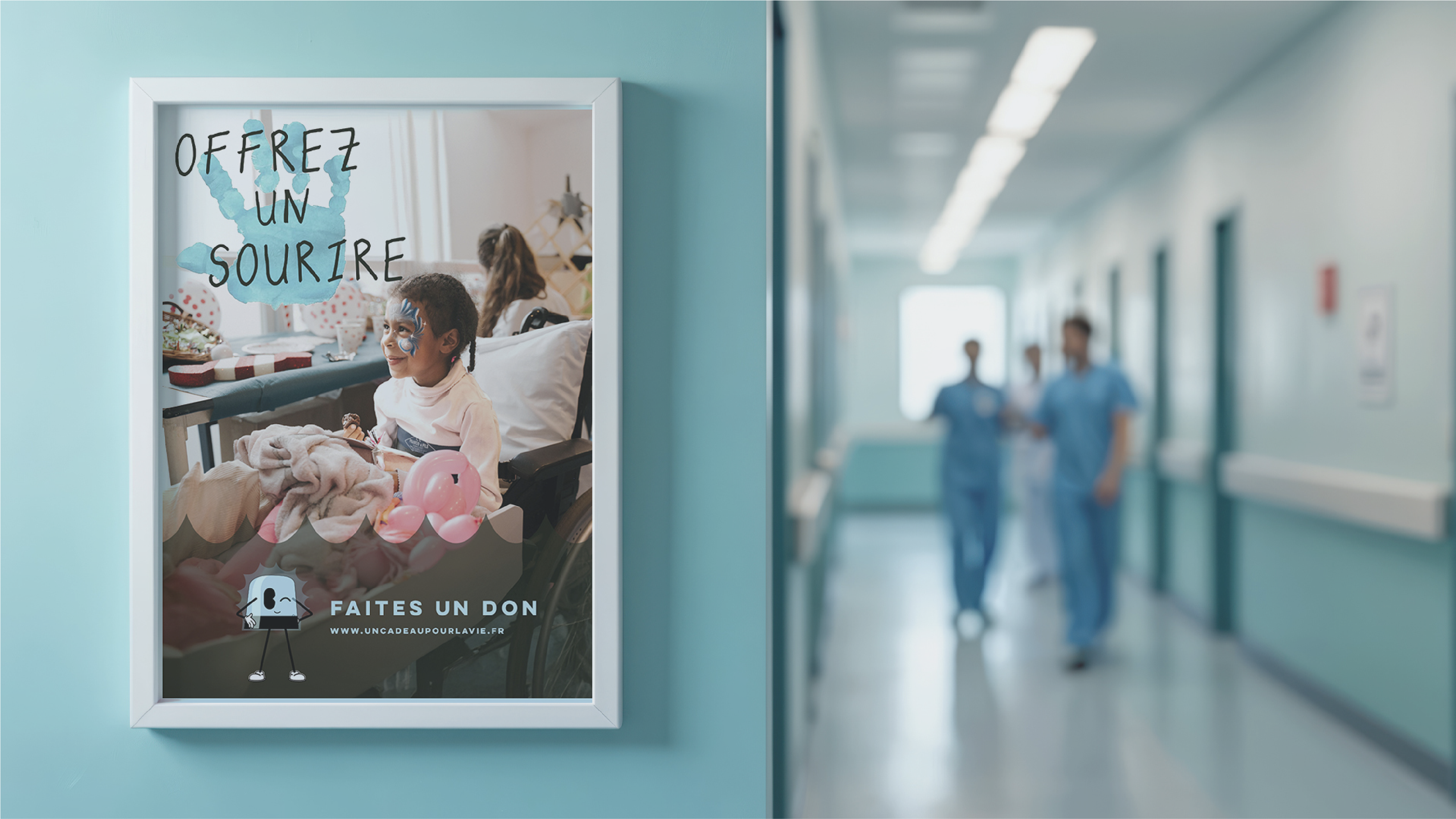 Framed poster with a smiling child in a wheelchair and text 'Offrez un sourire' and 'Faites un don' on a hospital wall.