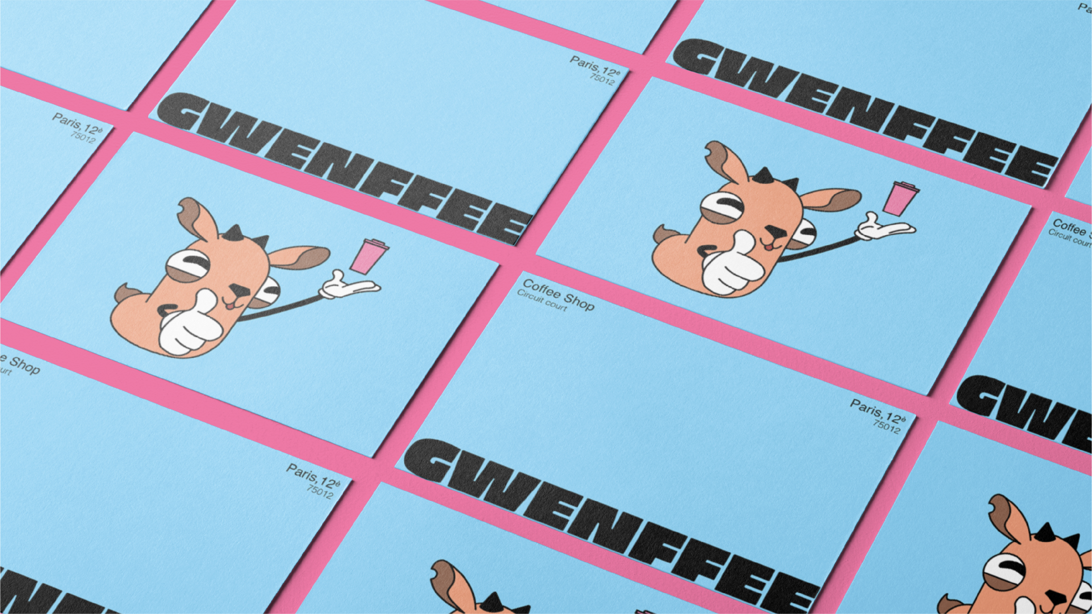 Blue business cards with a cartoon deer holding a pink coffee cup and the text 'GWENFFEE' and 'Coffee Shop Circuit Court Paris, 12e 75012'.