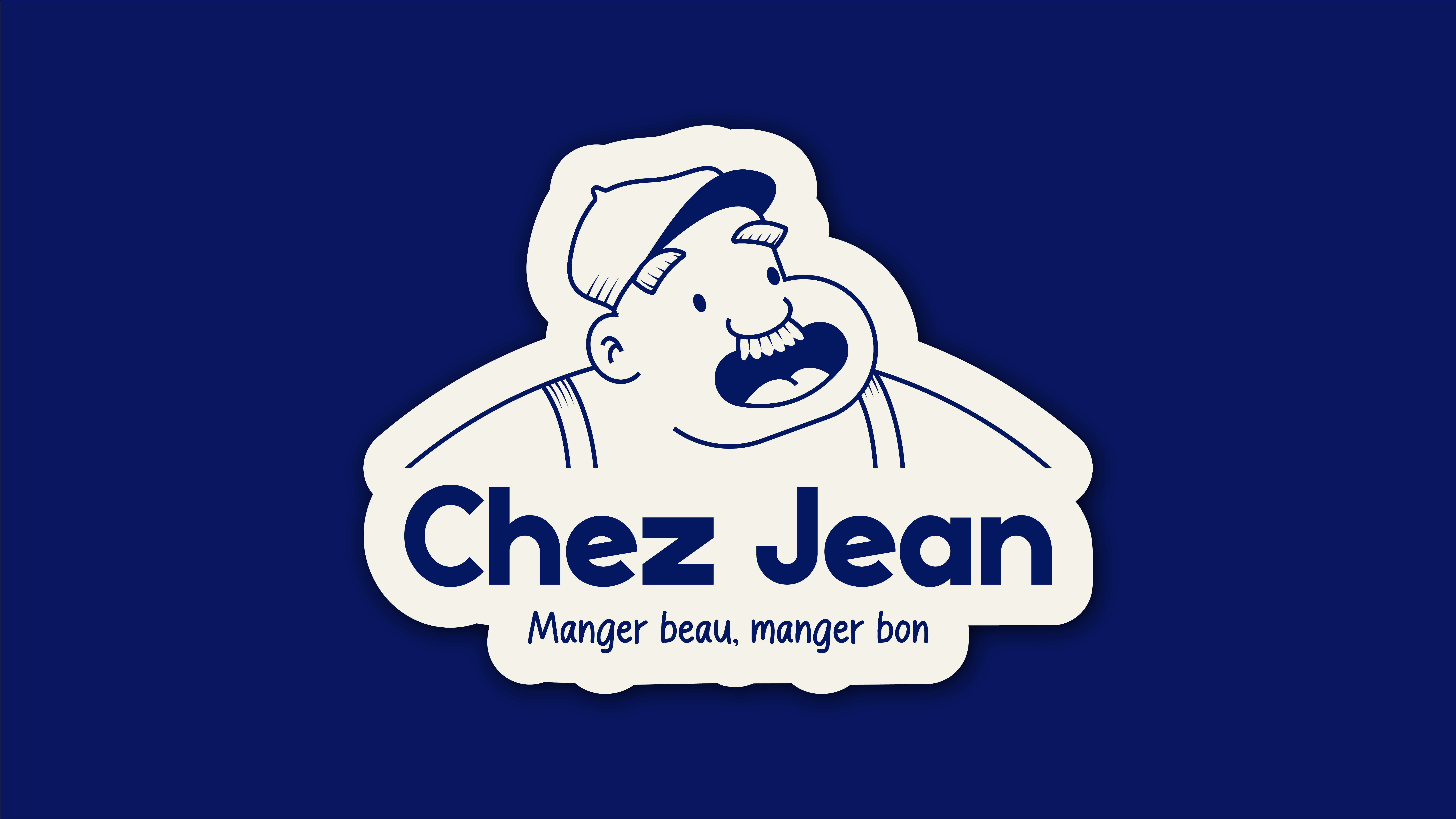 Logo of a man with a mustache and cap above the text 'Chez Jean' and the tagline 'Manger beau, manger bon' on a dark blue background.