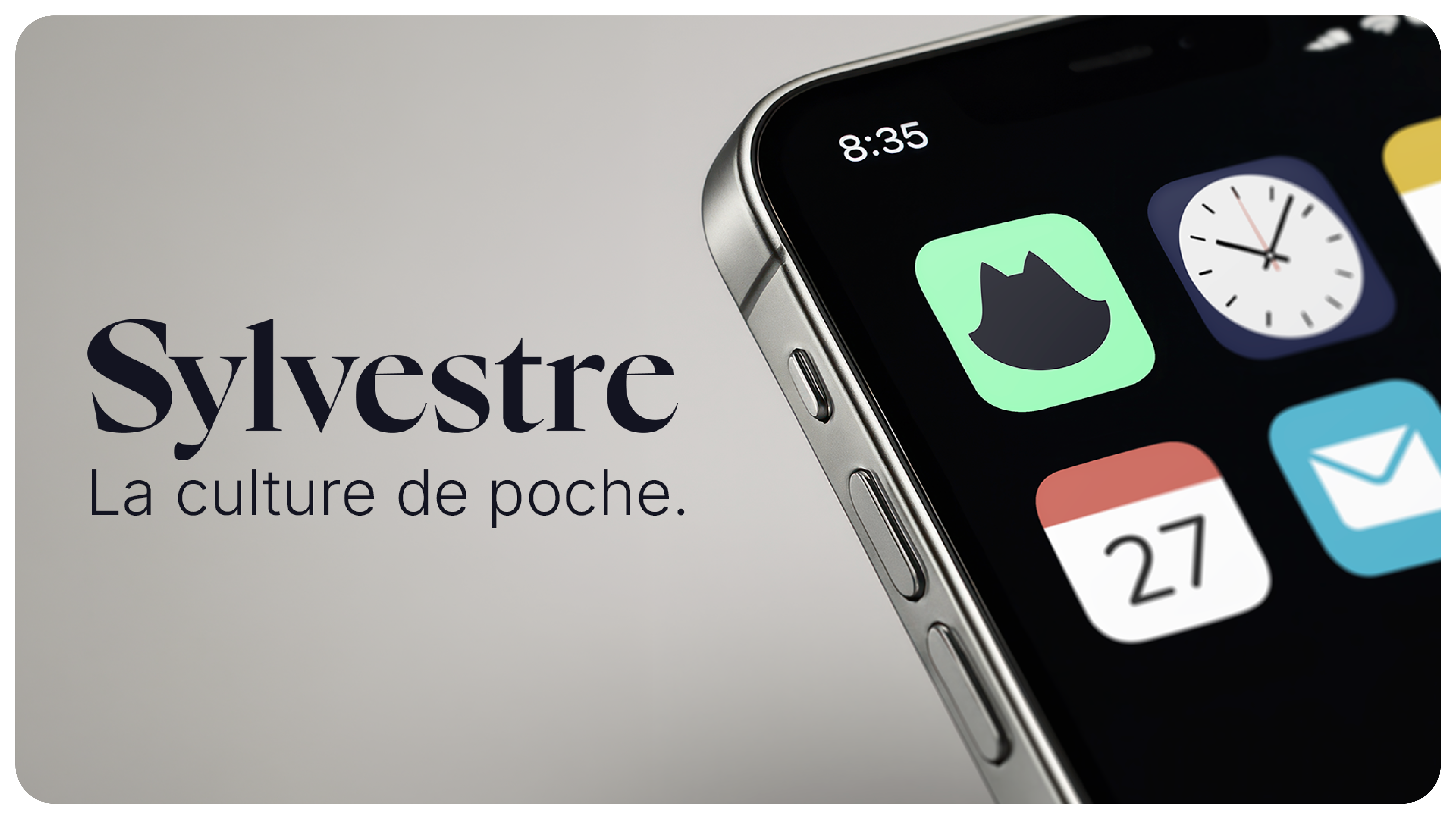 Écran d'un smartphone affichant une application avec une icône de tête de chat, à côté du texte Sylvestre La culture de poche.