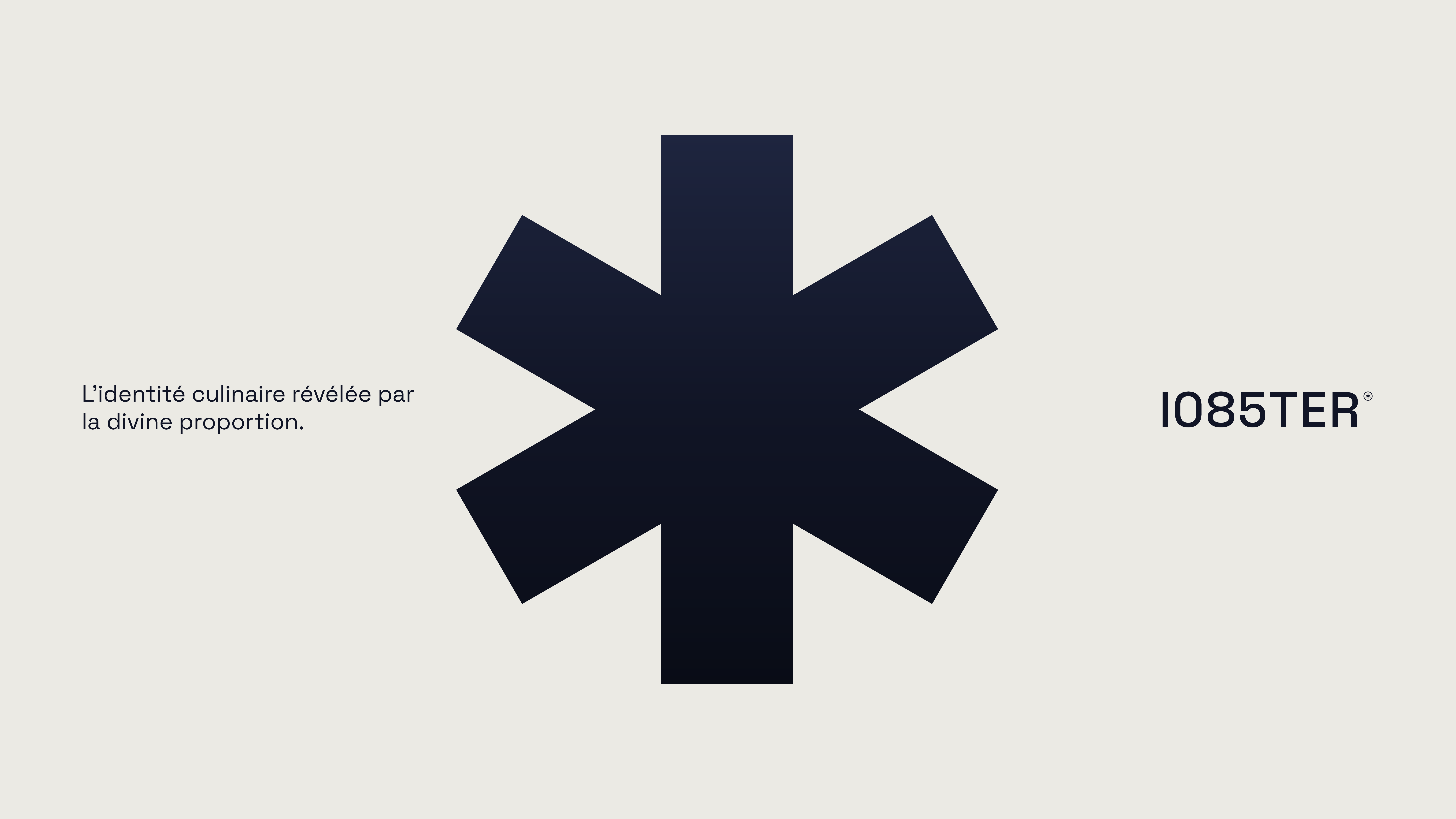 Symbole étoile noire à huit branches au centre avec le texte « L’identité culinaire révélée par la divine proportion. » à gauche et « 1085TER » à droite sur fond clair.