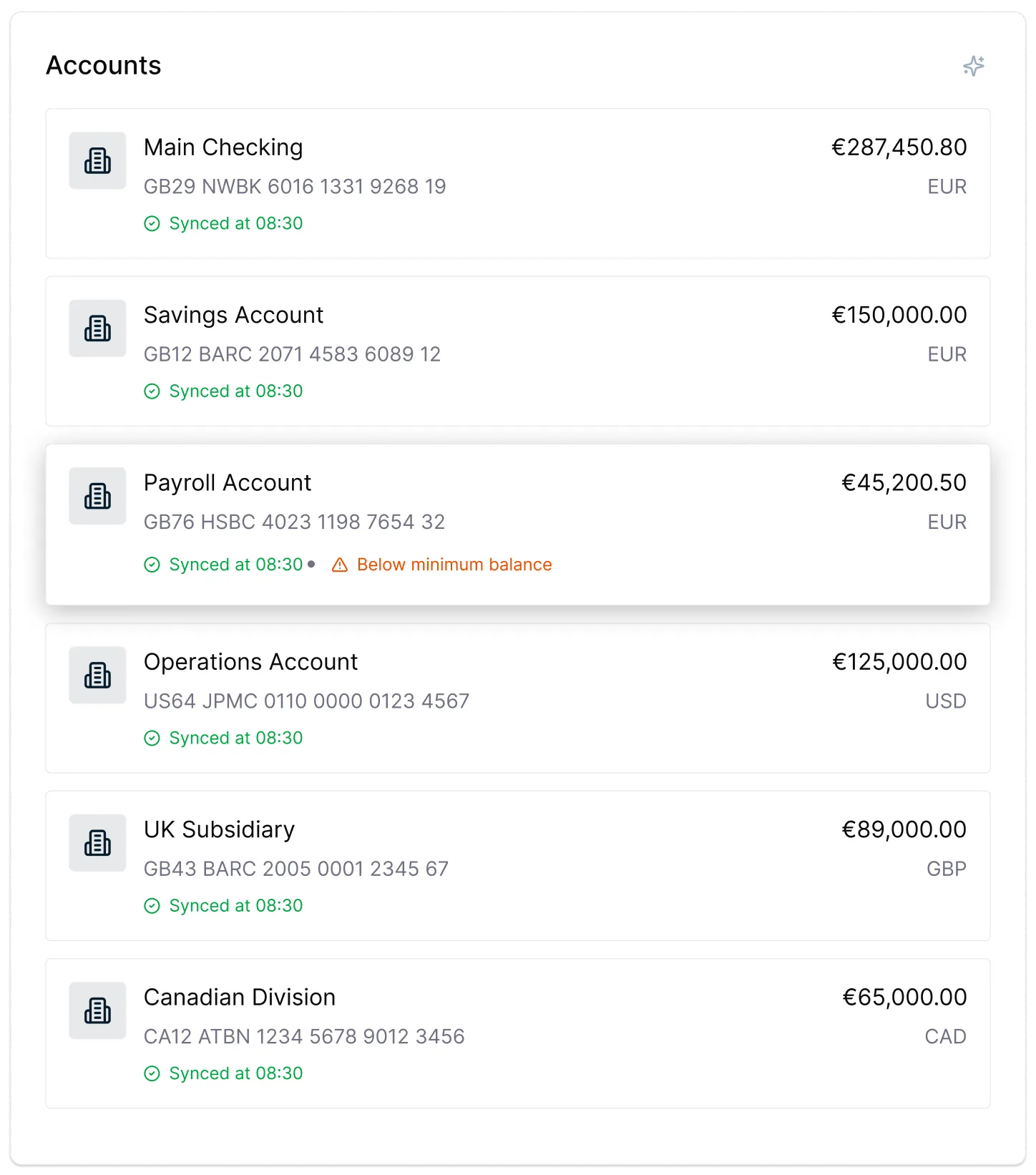 Multi-bank account dashboard showing balances and last sync timestamps