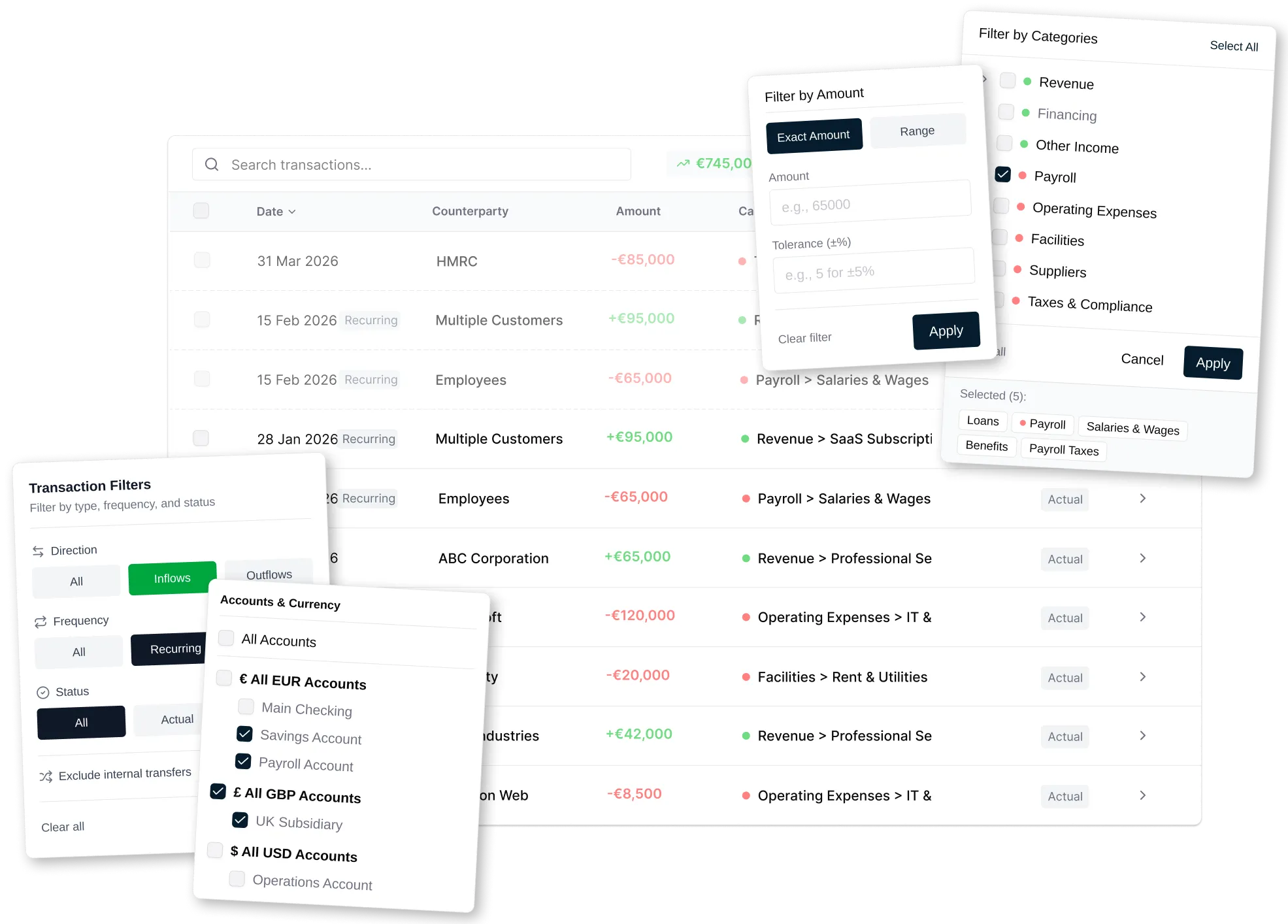 Transactions dashboard with filtering options for refining results