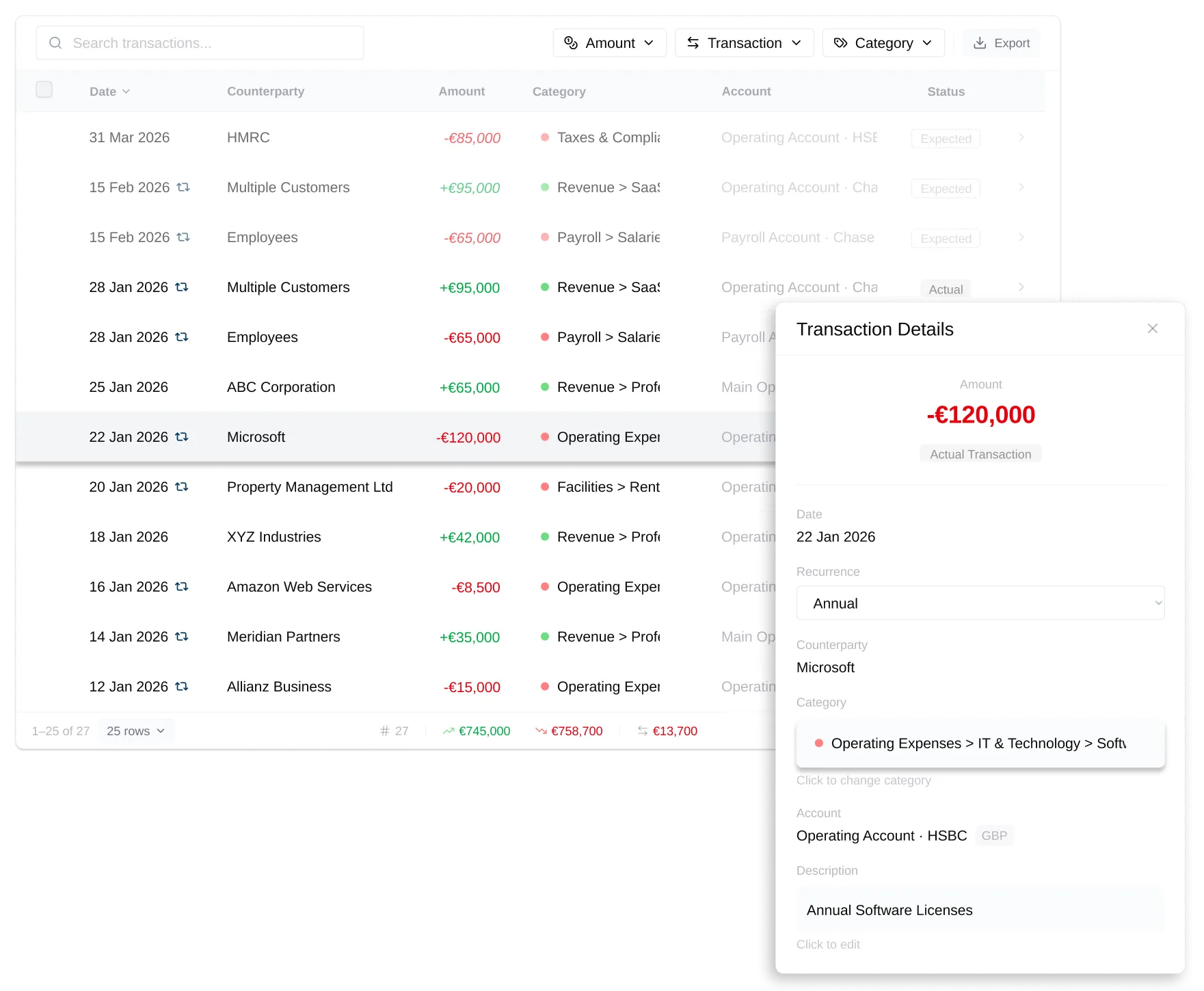 Transactions list with detailed transaction view