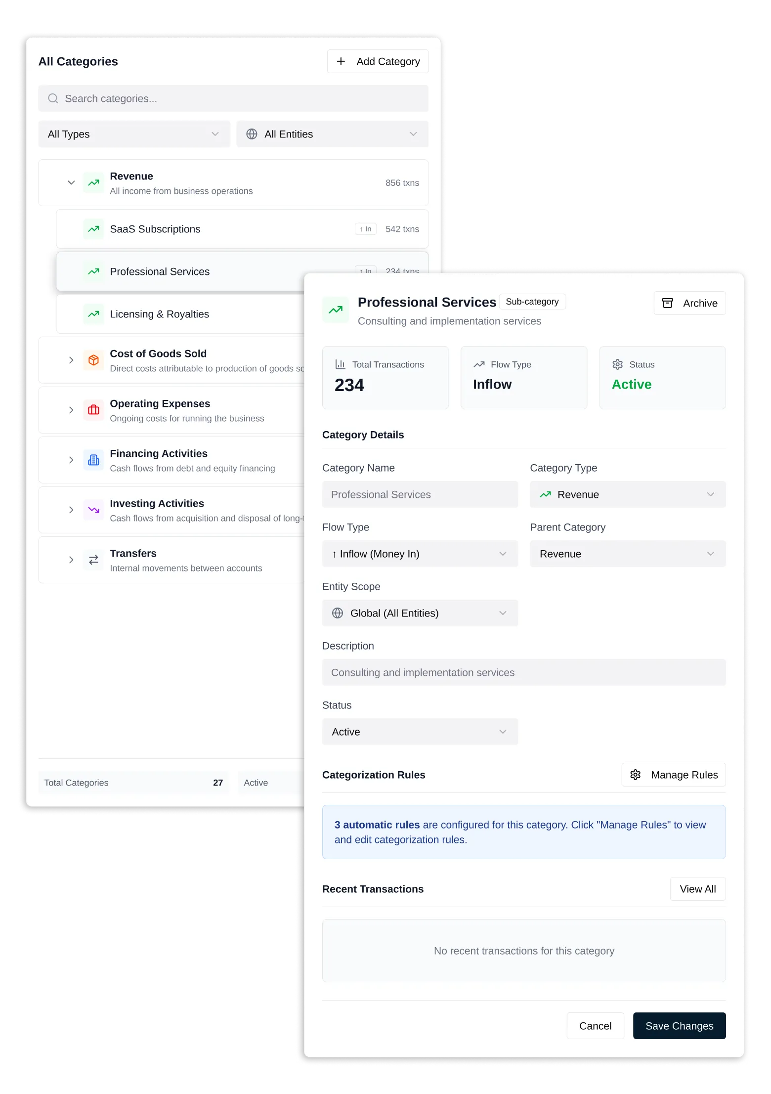 Category management interface for selecting and creating financial categories