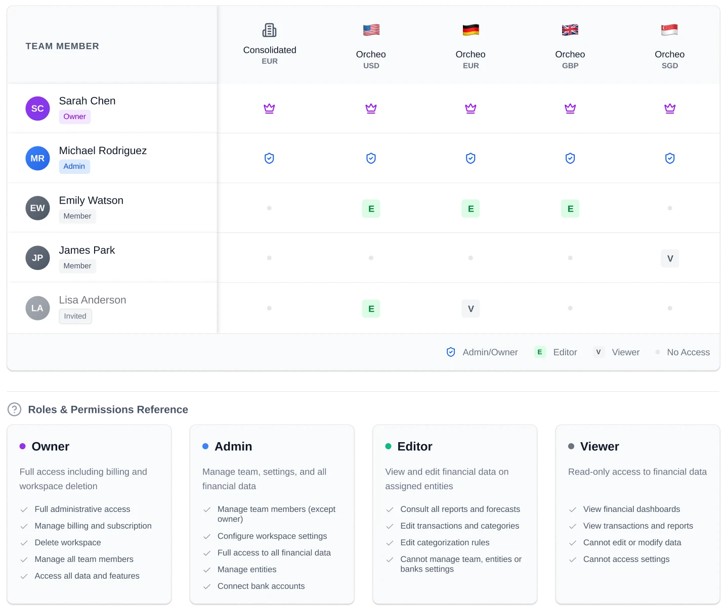 Entity access matrix showing team members and their permissions across entities