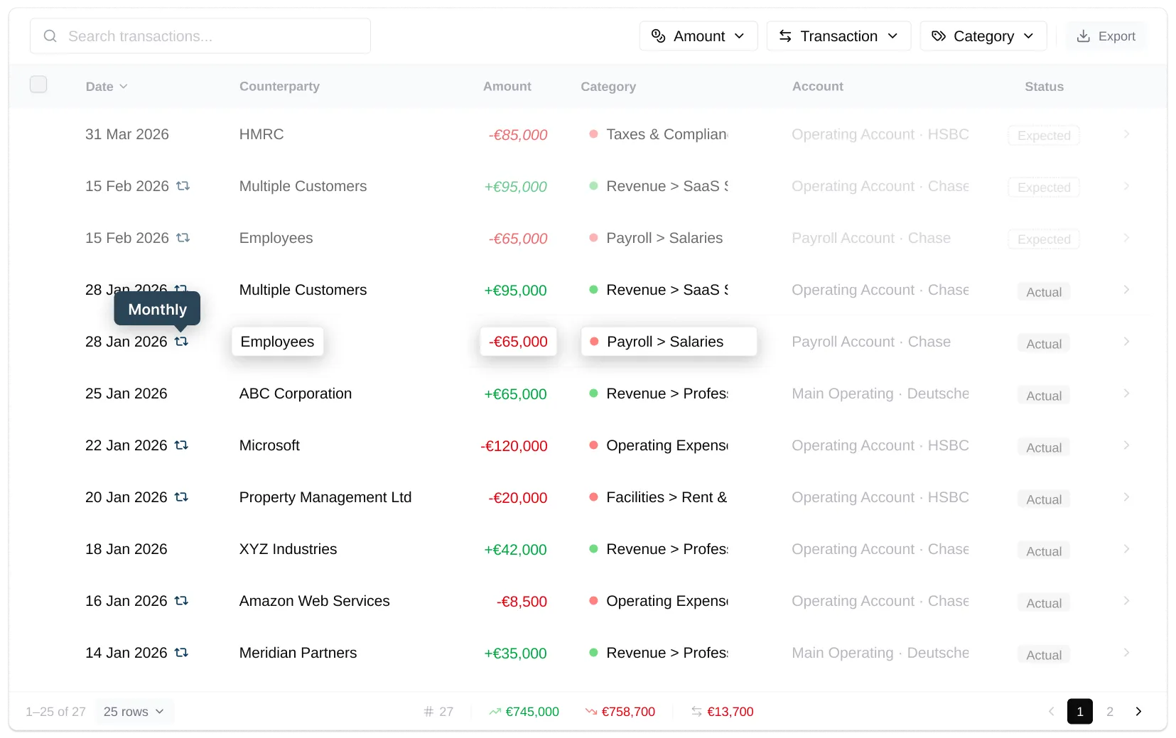 Transaction dashboard displaying categorized cash movements and recurring patterns