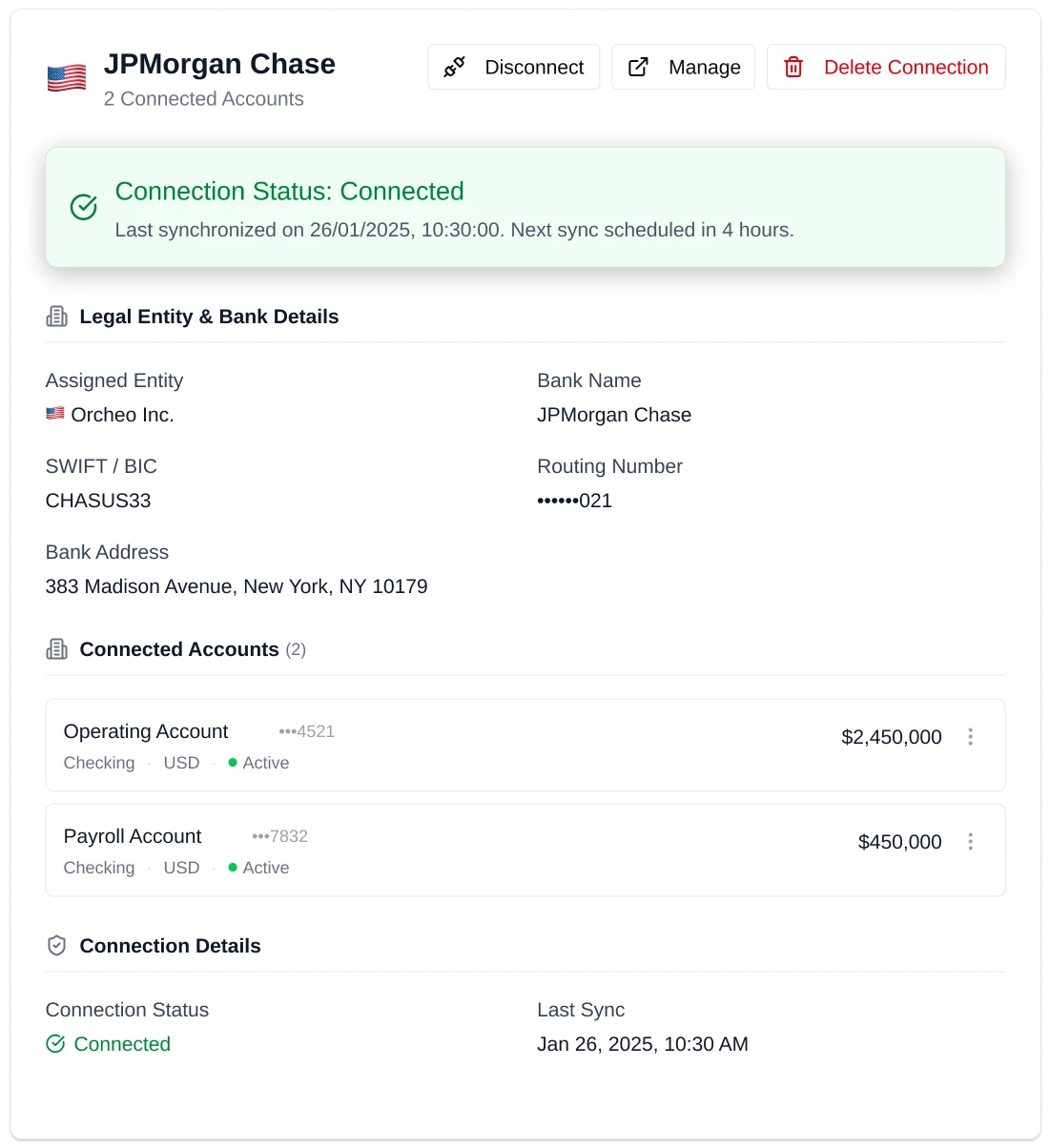 Bank connection management screen with full integration details