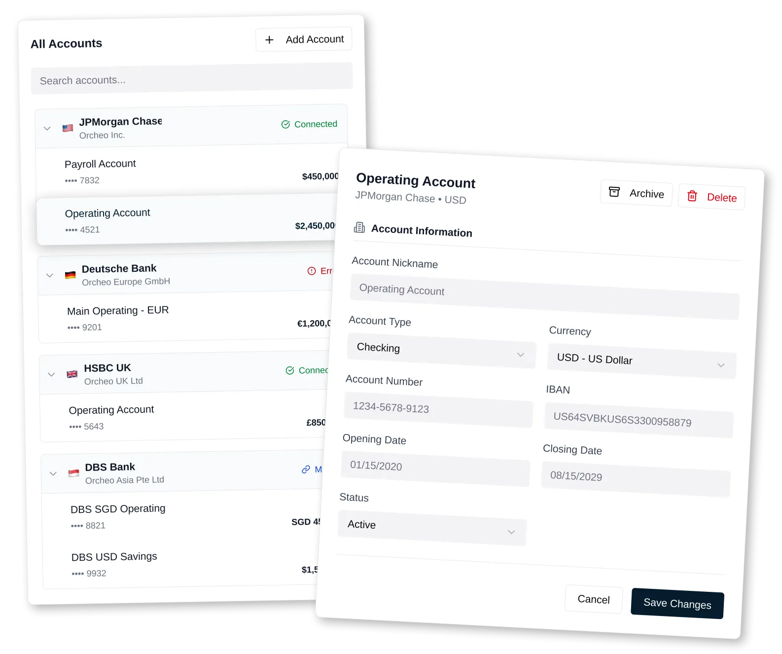 Bank accounts overview showing connected financial institutions