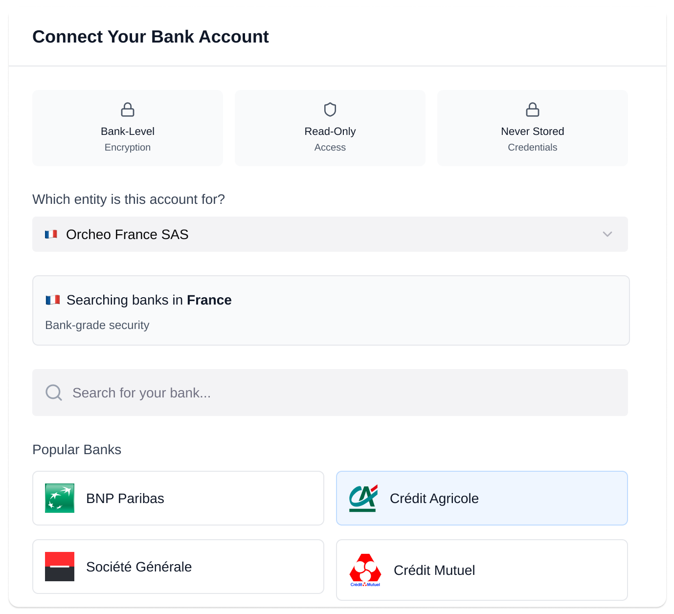 Bank integration setup to connect and sync account data