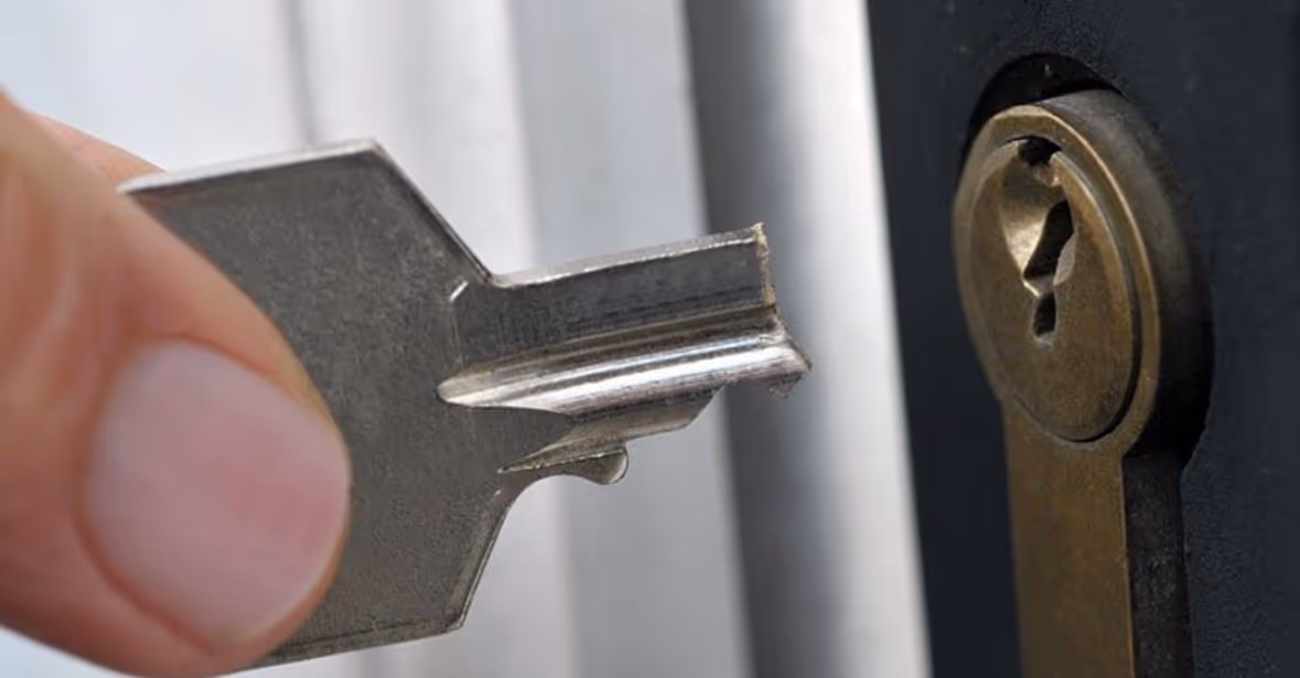 Hand hält einen Schlüssel, der in ein Türschloss gesteckt wird.