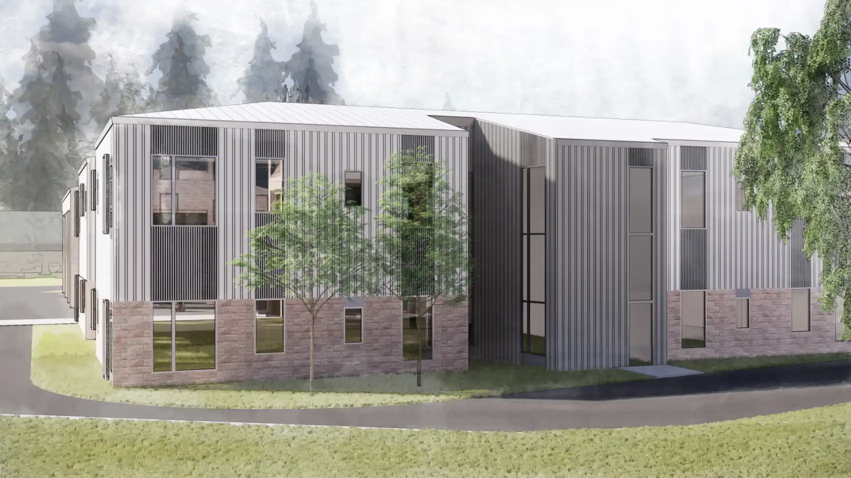 Classroom addition with varied metal siding, concrete block and a hipped metal roof.