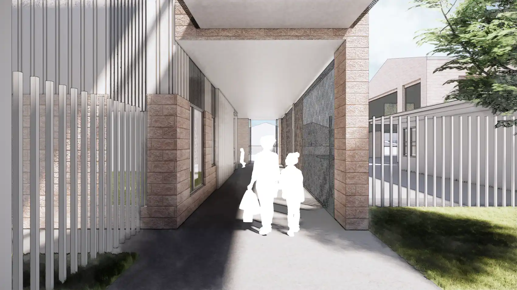 Covered walkway from courtyard to new classroom building and playgrounds.