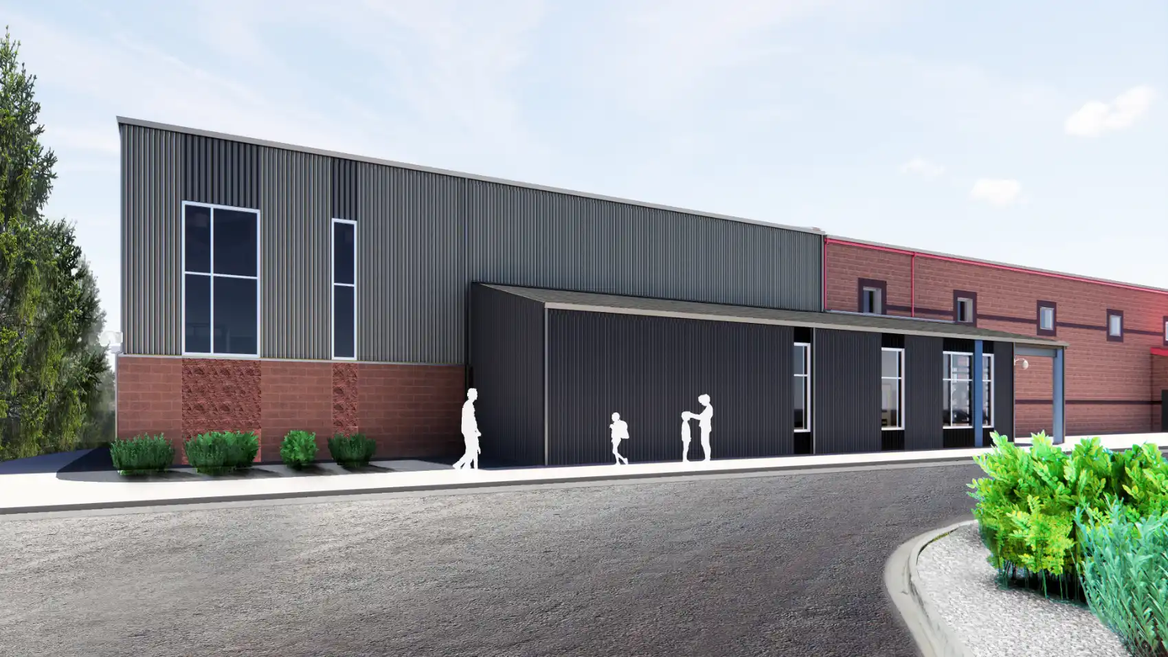 Color rendering of a metal sided gym addition to a concrete block school.