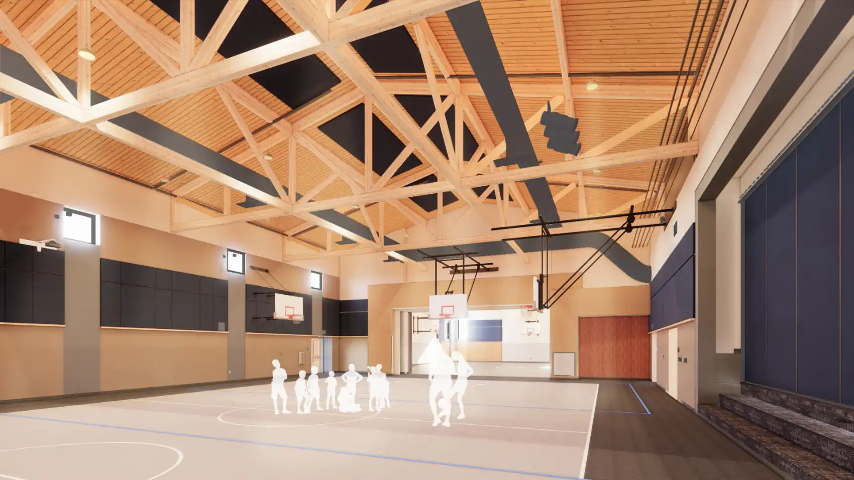 Light filled Multi-Purpose room with wood ceiling, wood trusses, and large stage opening.