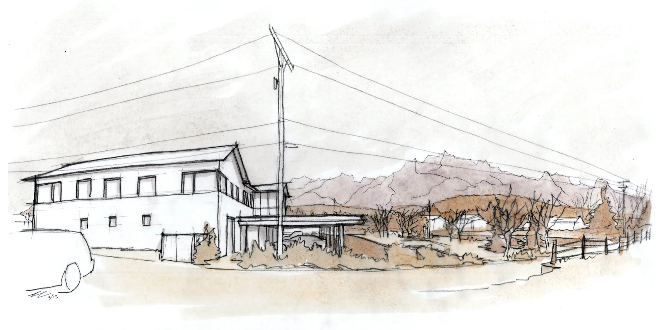 Pen and marker sketch of a concept of a two-story building with a deck over looking a small park.