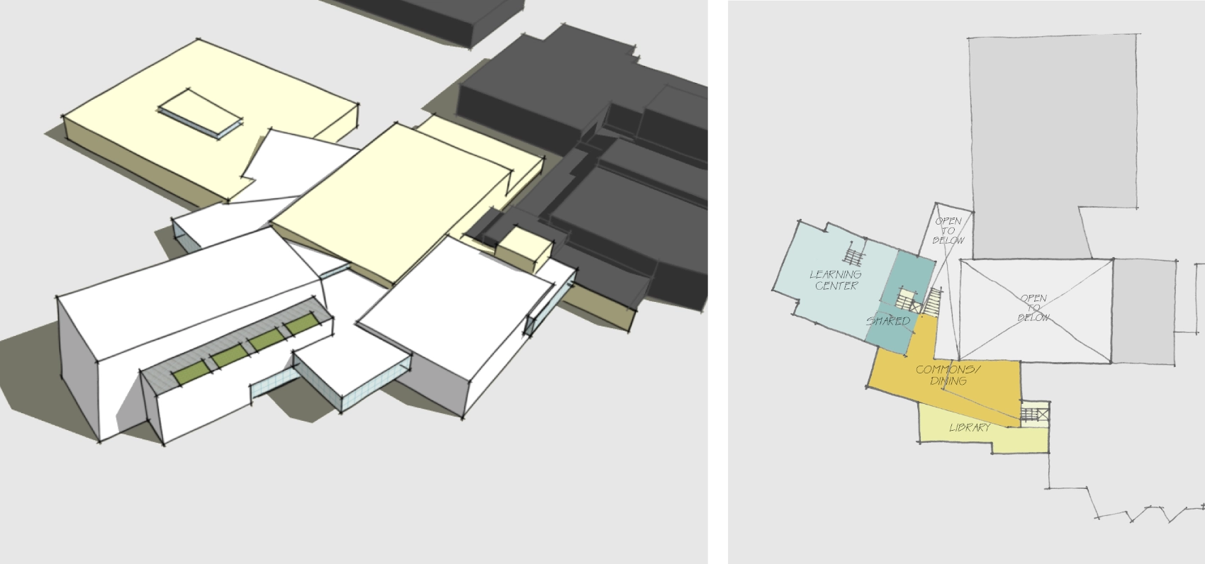 Birdseye view of a massing model showing a tower cascading down to support spaces linking larger existing elements.