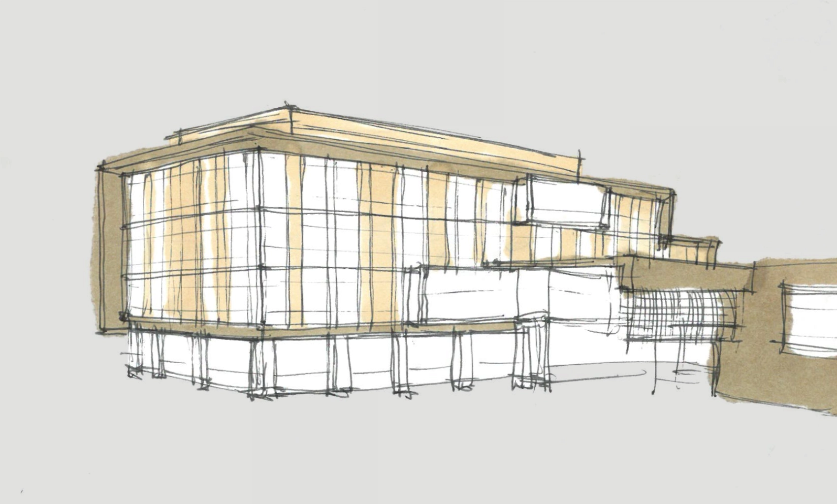Hand sketch of a 4-story glass tower with a first floor base and a large 2-story covered main entry.