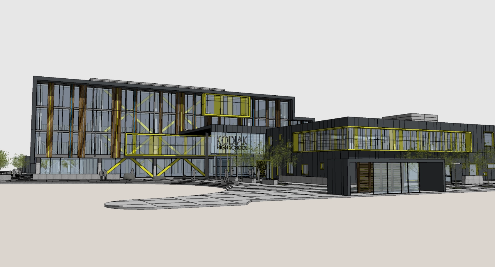 Architectural rendering of a multi-level school with gray metal and wood paneling, vertical glass curtain walls, and yellow accents.