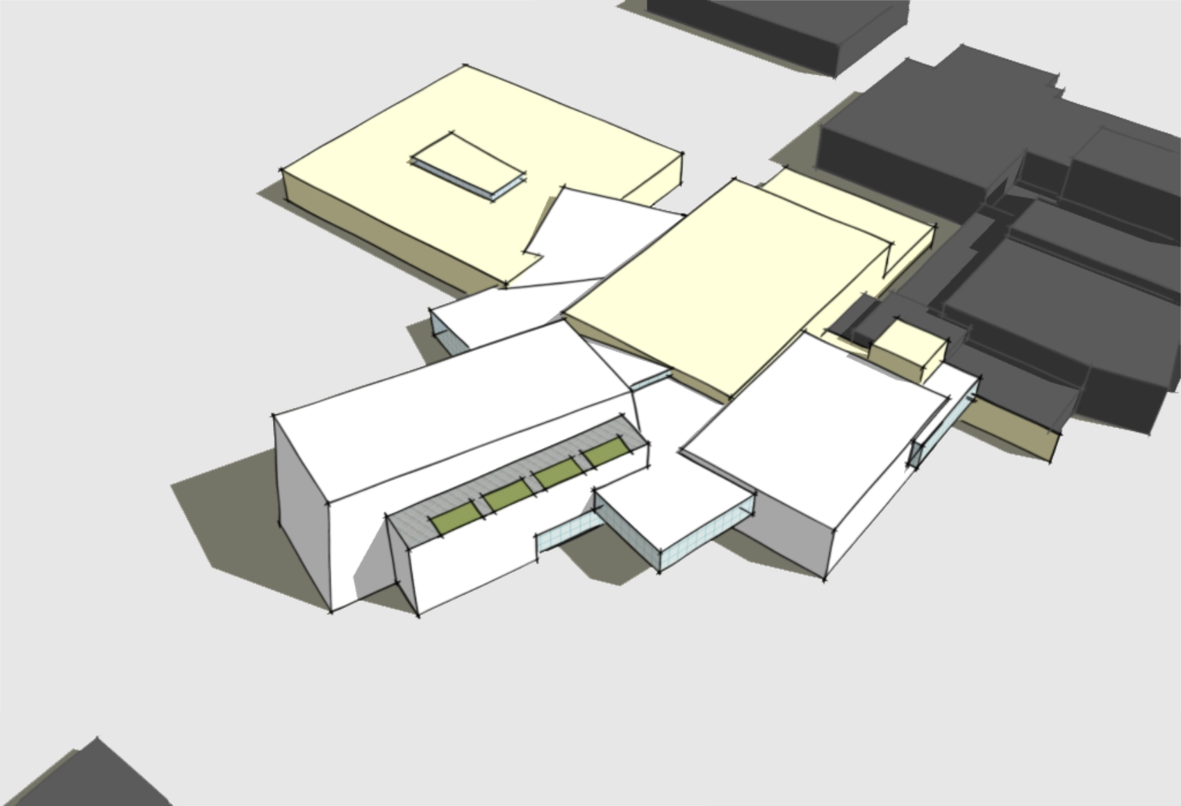 Birds-eye view of a conceptual massing model of a school.