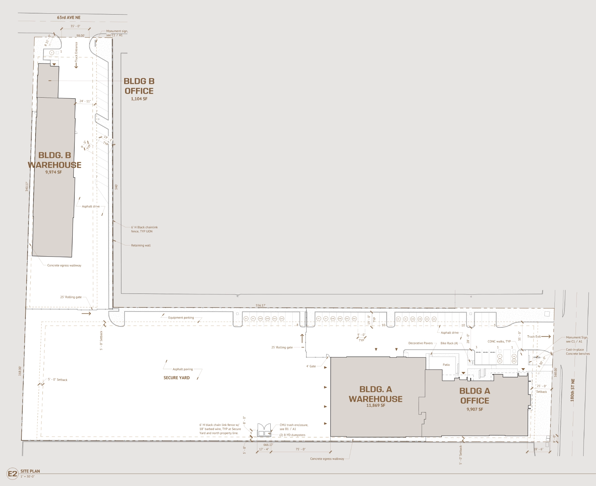 Proposed site plan of a narrow 'L' shaped lot with two buildings and room for expansion between.