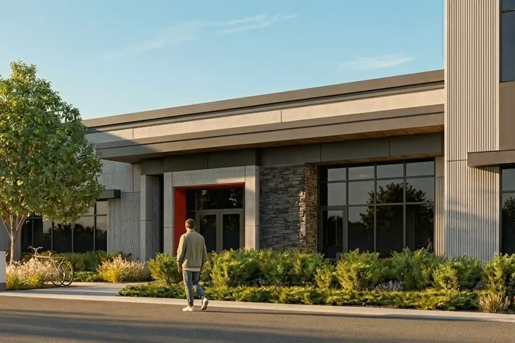 Smooth and textured concrete, stone, and metal panels with a red accent at the covered entry.