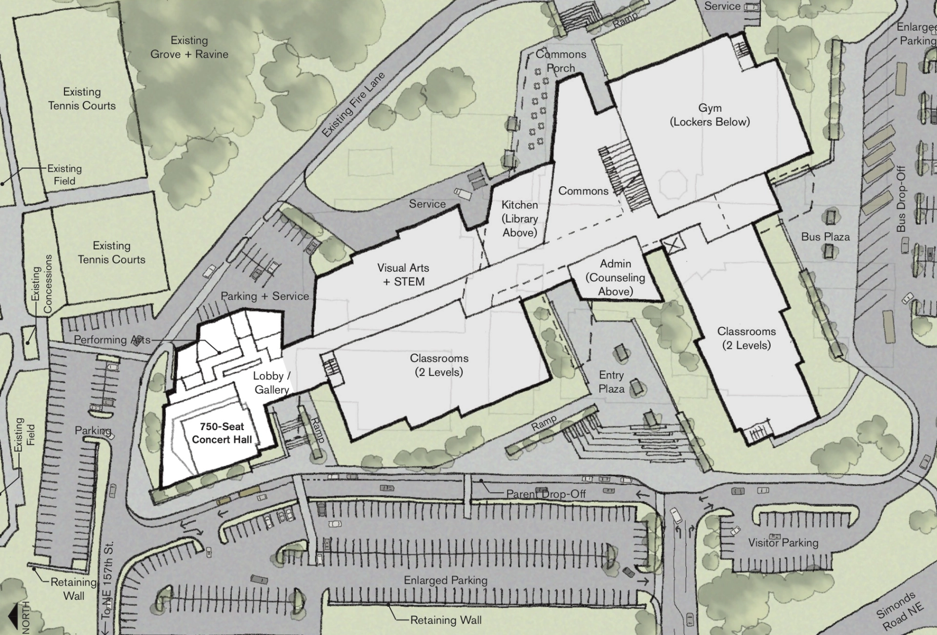 Rendered conceptual site plan of a new high school with phase 1 highlighted.