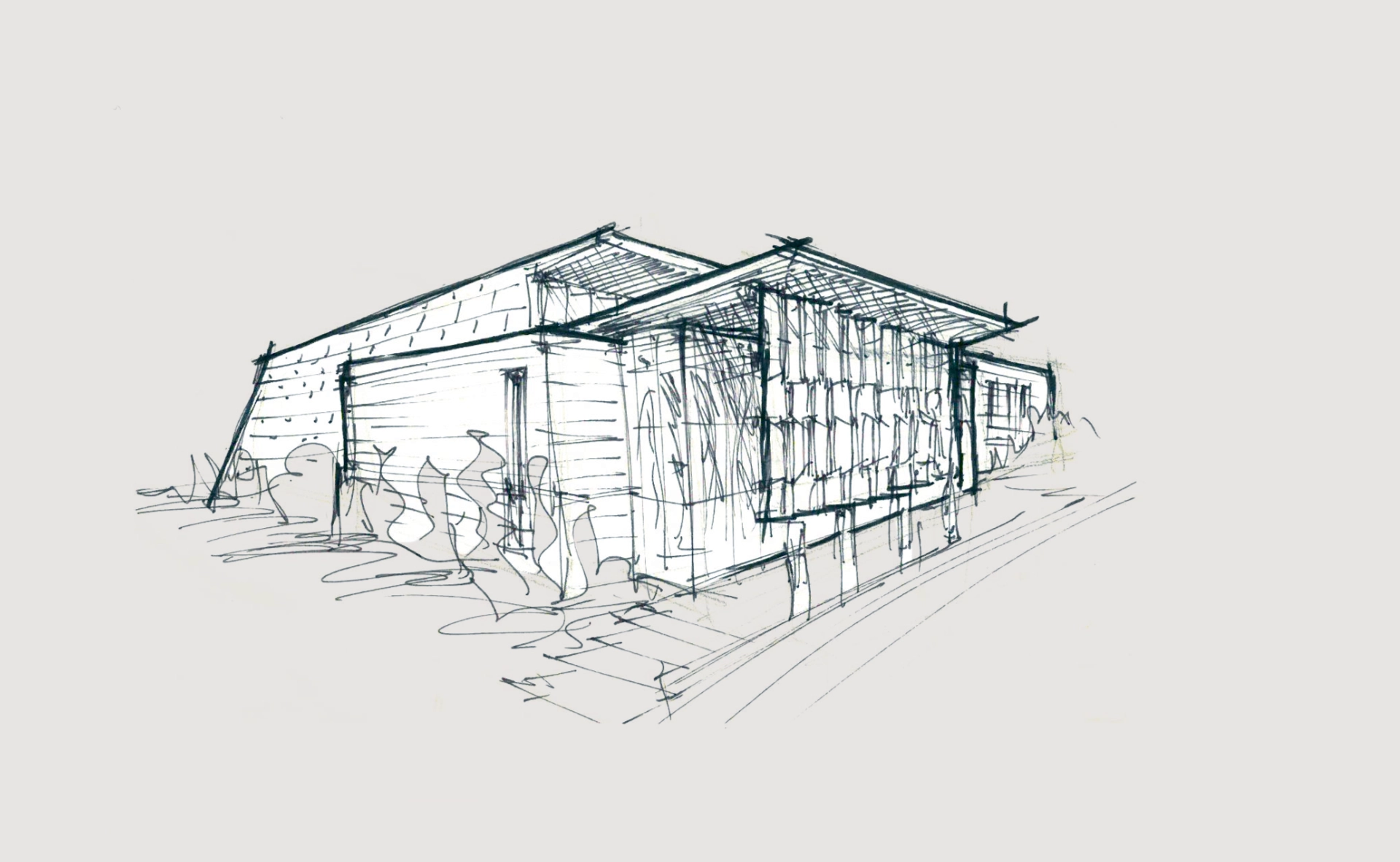 Hand drawn conceptual sketch of a building with a large covered entry with sunscreen and a sloped roof mass behind.