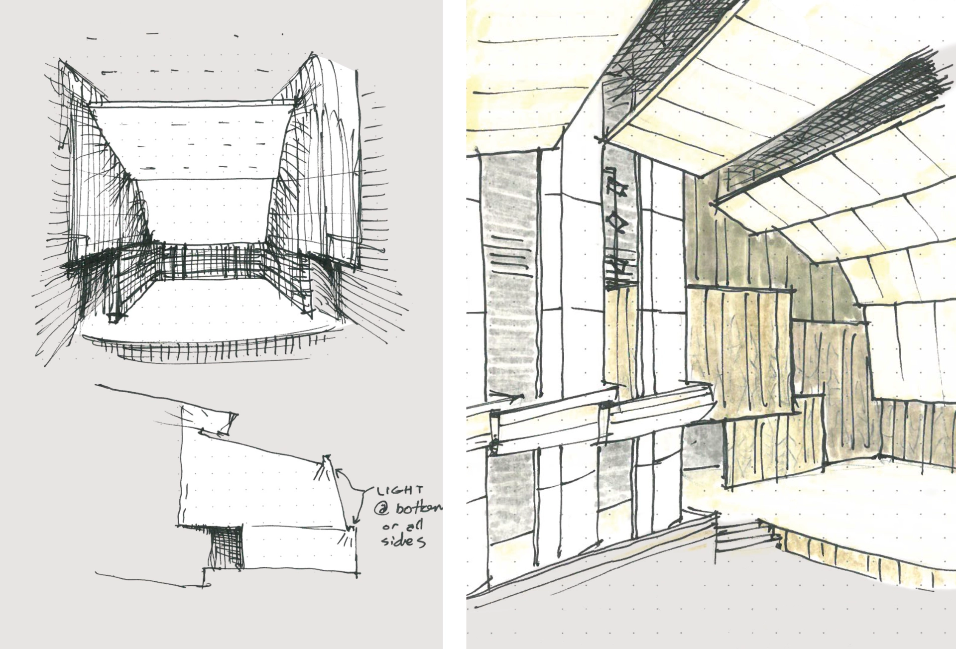 Sketch studies of a concert hall stage with angled walls and floating ceiling panels.